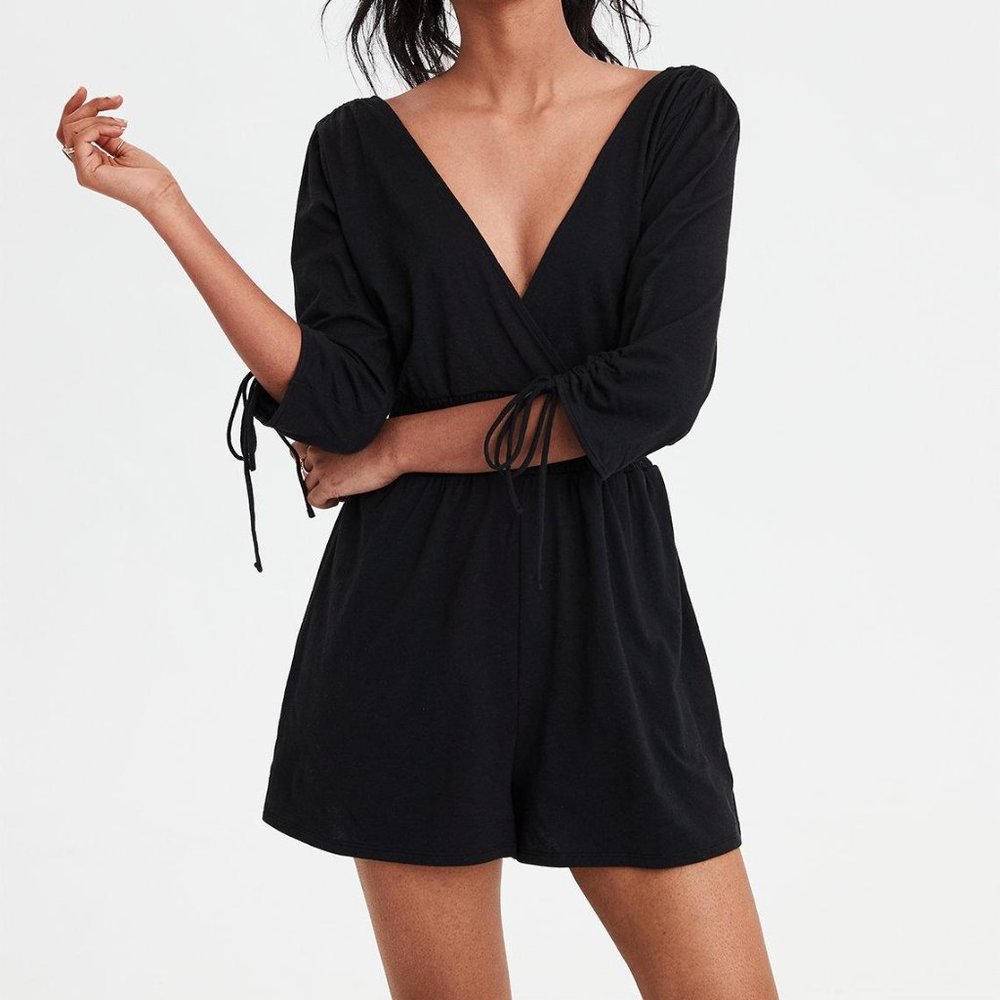 ae knit ruched sleeve romper